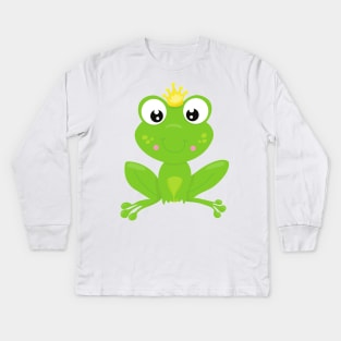 Cute Frog, Green Frog, Crown, Frog Prince Kids Long Sleeve T-Shirt